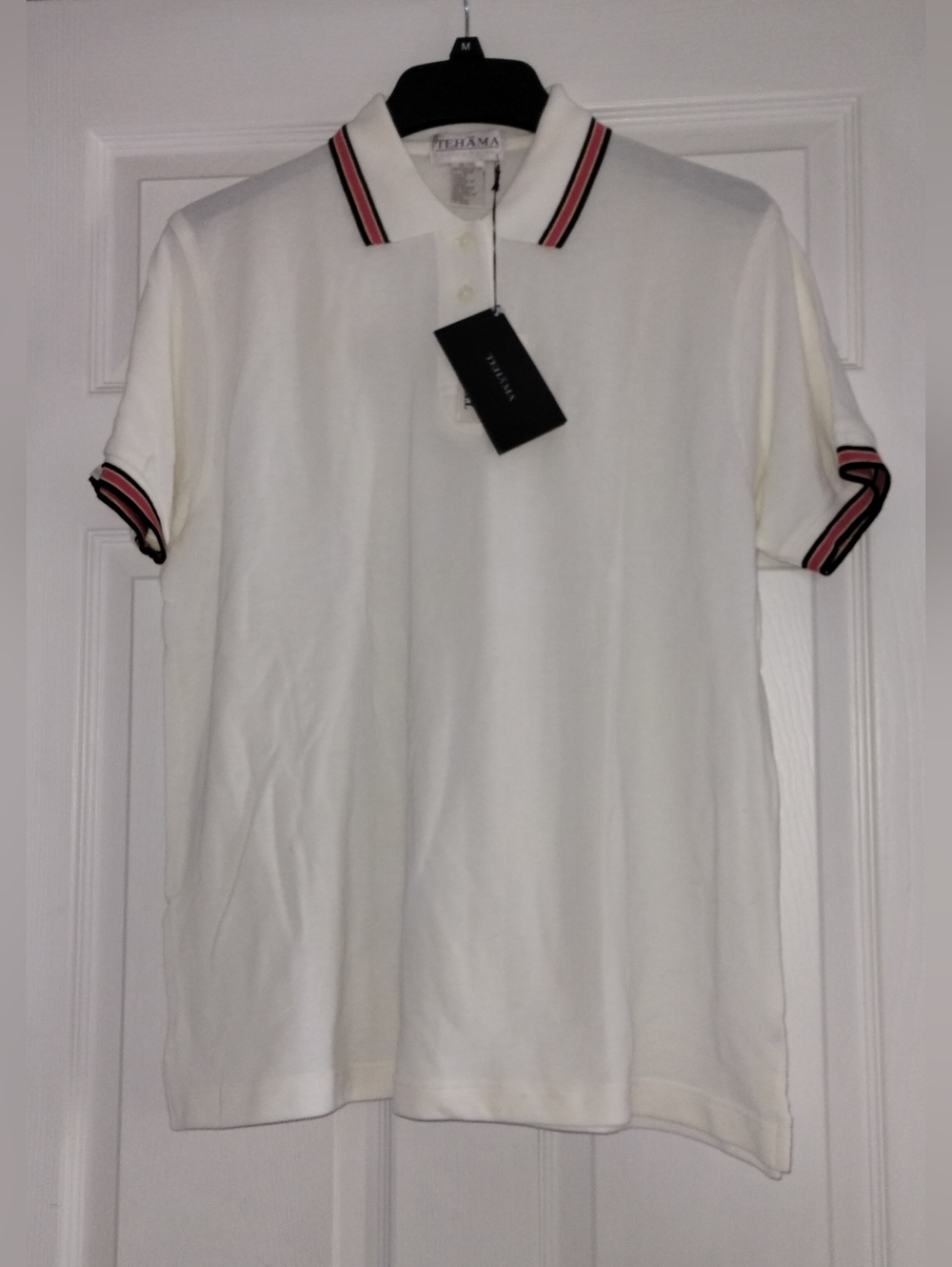 TEHAMA Nancey Haley White Polo with Red and Black Contrast Trim